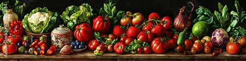 A stunning array of fresh produce, from vibrant red tomatoes to verdant leafy greens, spread across a farmhouse table.