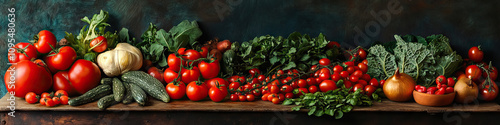 A stunning array of fresh produce, from vibrant red tomatoes to verdant leafy greens, spread across a farmhouse table.