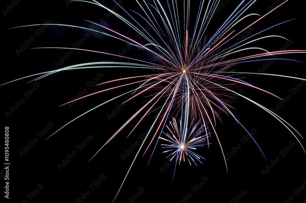 Fototapeta premium Purple and blue fireworks bursting in night sky