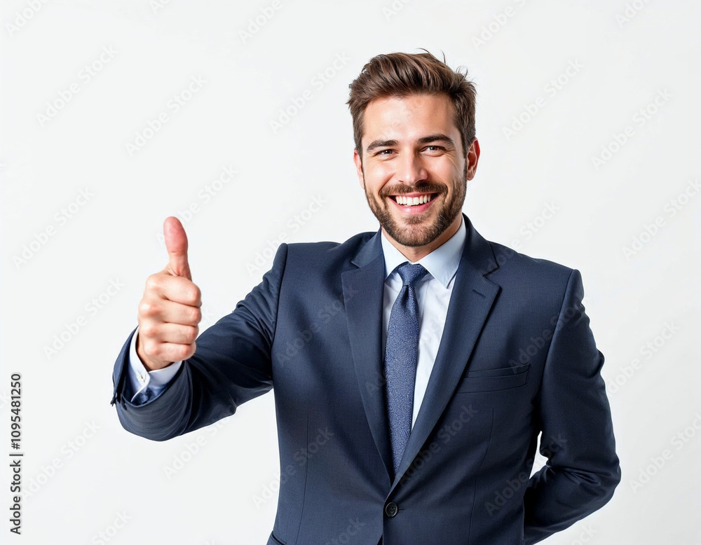 Successful rich confident young businessman ceo manager boss in formal suit wear showing thumb up isolated in white background. Successful rich confident young businessman ceo manager boss in formal suit wear showing thumb up isolated in white background.