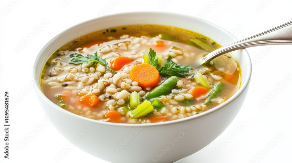 A bowl of hearty barley vegetable soup with carrots, celery, and green beans A bowl of hearty barley vegetable soup with carrots, celery, and green beans
