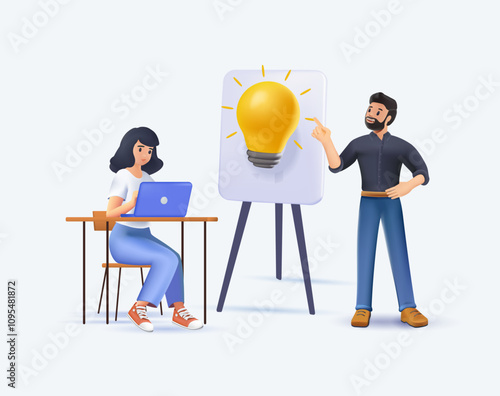 Group office workers work office or coworking space 3D illustration. Tables with computers and laptops, have dialogue and communicate at workplace between colleagues. analyse and develop business
