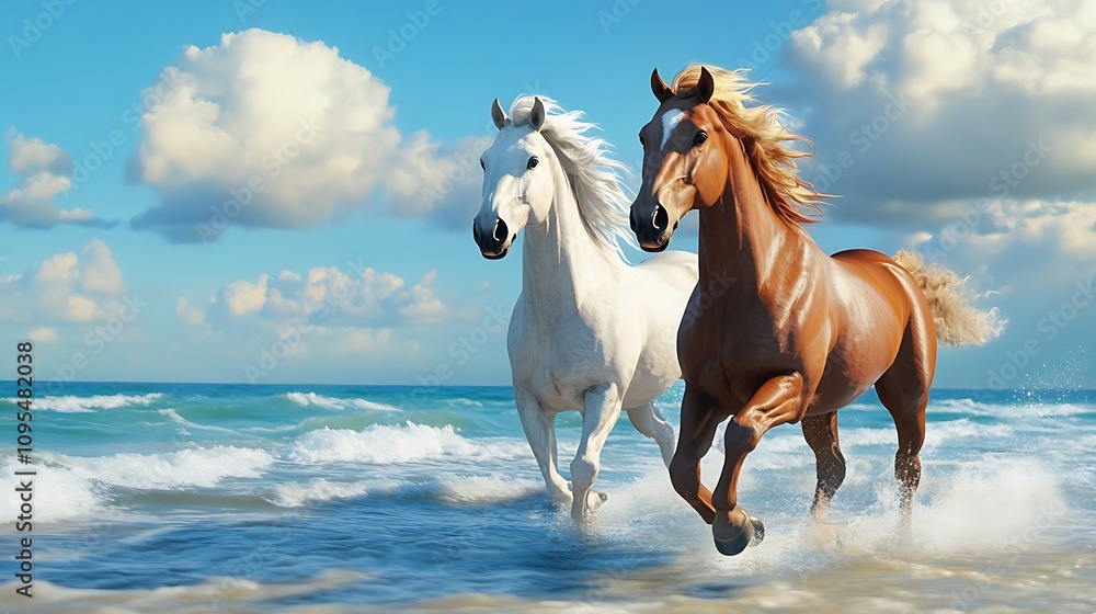 Stunning beach view featuring two horses running near ocean images Stunning beach view featuring two horses running near ocean images