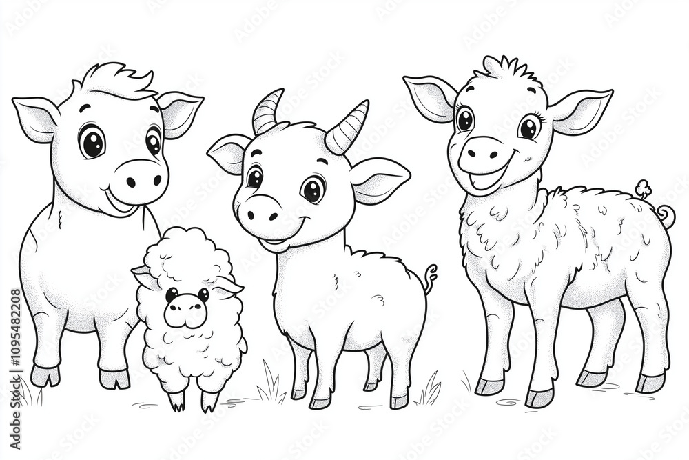 Obraz premium animaux de la ferme, coloriage enfant, à imprimer, noir et blanc, activité, dessin, illustration, coloré, mignon, tout-petits, adorable, joli, fun, loisir, jeu, jouet, art, enfance, jeunesse