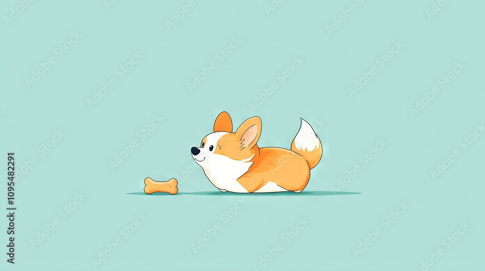 Obraz premium A brown-and-white dog rests atop a blue floor with a bone in its mouth