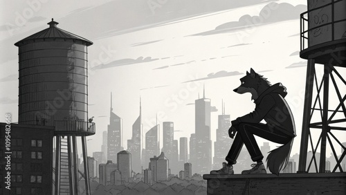 A solitary wolfinspired figure leans against a water tower lost in thought as they gaze at the horizon the city skyline framing their pensive expression. photo