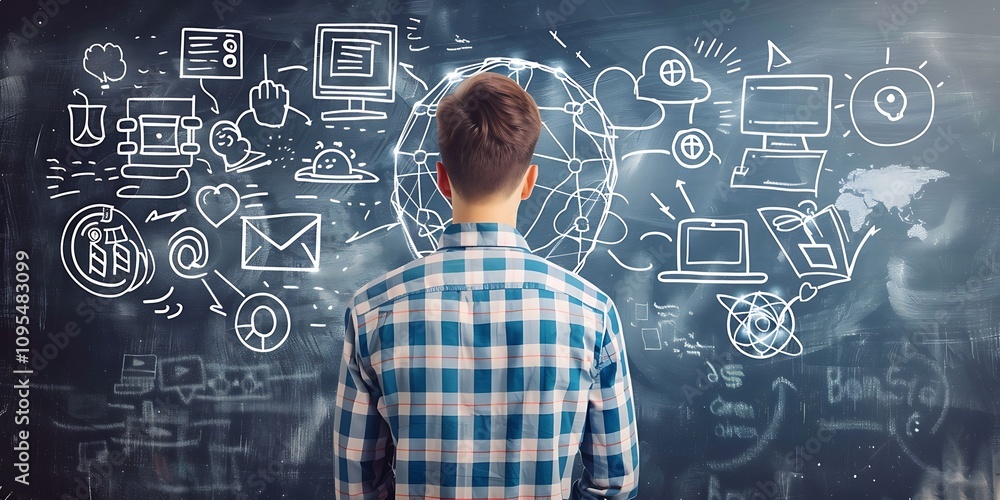Online Education Concepts: A Man Interacting with a Digital Interface Representing E-Learning, Virtual Classrooms, and Modern Educational Tools for Remote Learning and Skill Development Online Education Concepts: A Man Interacting with a Digital Interface Representing E-Learning, Virtual Classrooms, and Modern Educational Tools for Remote Learning and Skill Development