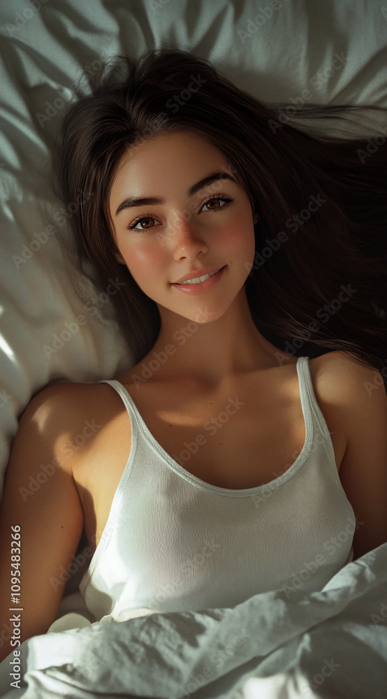 Young woman smiling while lying in bed with soft morning light illuminating her face Young woman smiling while lying in bed with soft morning light illuminating her face