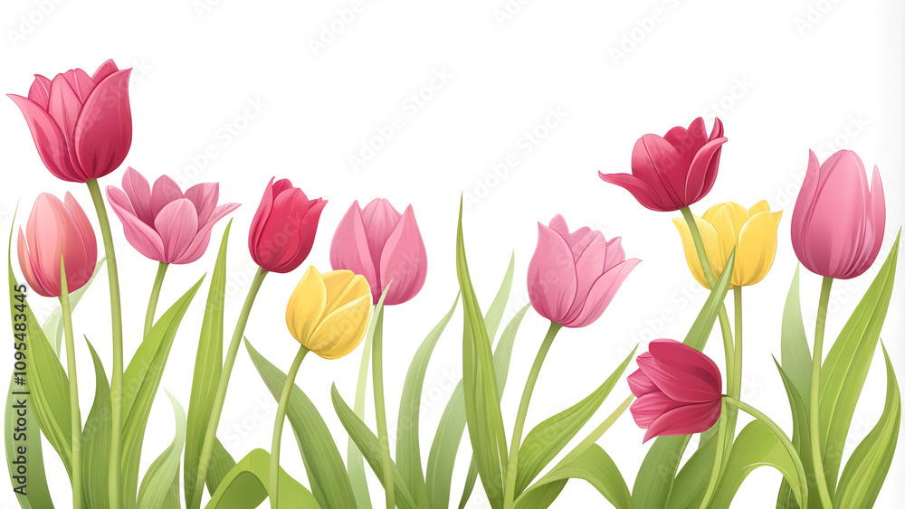 Colorful tulips, cheerful mood, blooming in a garden with white background Colorful tulips, cheerful mood, blooming in a garden with white background