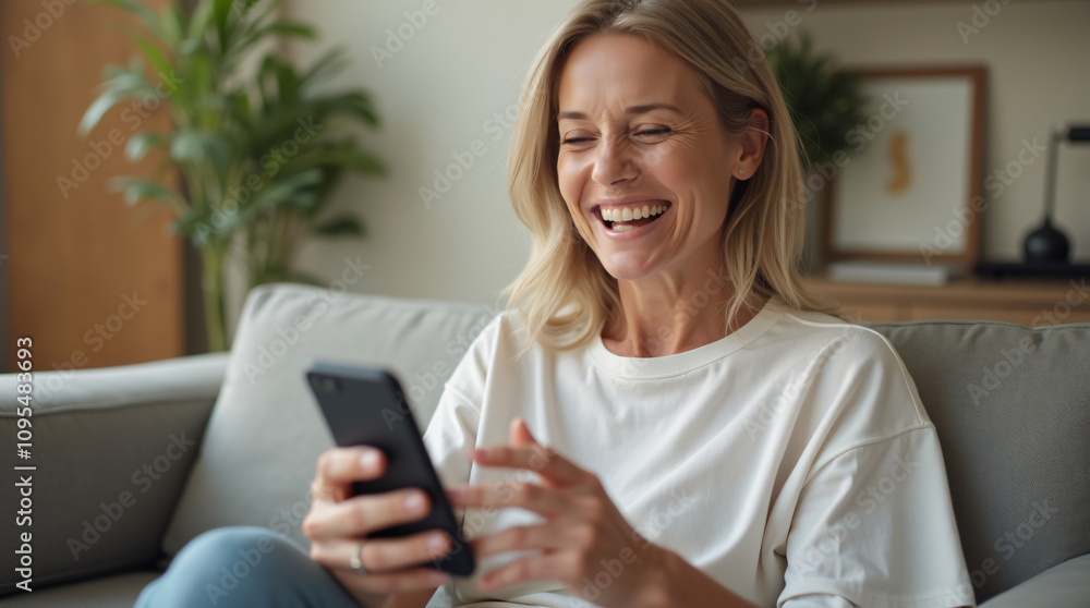 woman sitting on the couch smiling with the phone in her hand, video call, chatting with the family woman sitting on the couch smiling with the phone in her hand, video call, chatting with the family