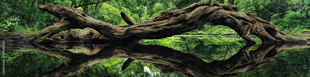 A dead tree trunk lies horizontal on the ground, its twisted branches mirrored in the still water of a nearby pond. A lush forest surrounds the scene. A dead tree trunk lies horizontal on the ground, its twisted branches mirrored in the still water of a nearby pond. A lush forest surrounds the scene.