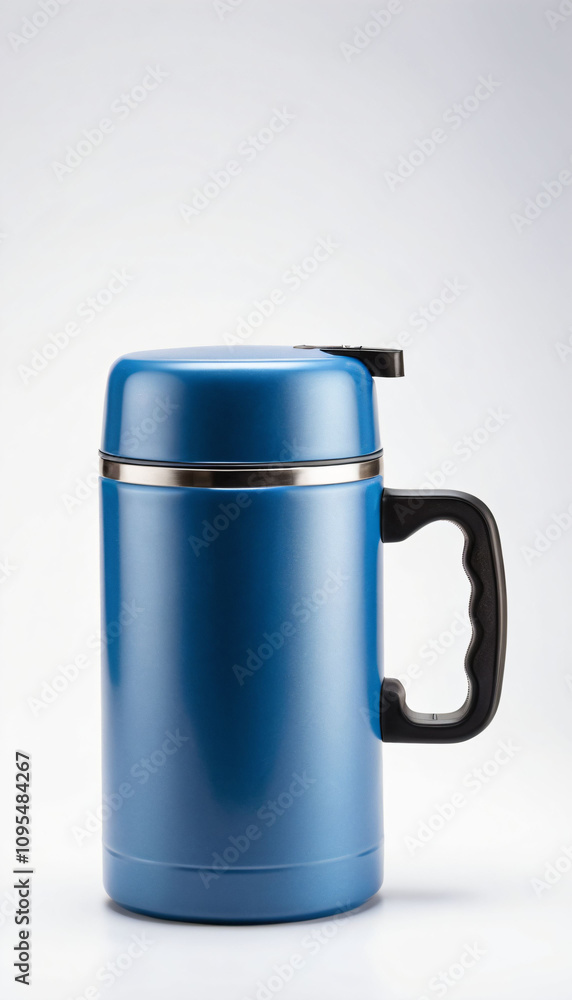 Blue thermo flask on a white background Generative AI Blue thermo flask on a white background Generative AI