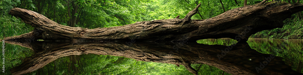 A dead tree trunk lies horizontal on the ground, its twisted branches mirrored in the still water of a nearby pond. A lush forest surrounds the scene. A dead tree trunk lies horizontal on the ground, its twisted branches mirrored in the still water of a nearby pond. A lush forest surrounds the scene.
