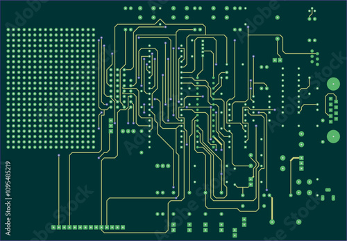 Tracing conductors of printed circuit board of electronic device. Vector engineering drawing of pcb design. Electric background. Computer technic cad project.
