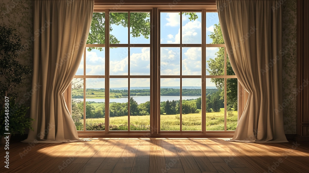 Serene Lakeside View from Large Window with Curtains Serene Lakeside View from Large Window with Curtains