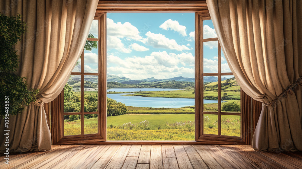 Serene Lakeside View from Rustic Window with Curtains Serene Lakeside View from Rustic Window with Curtains
