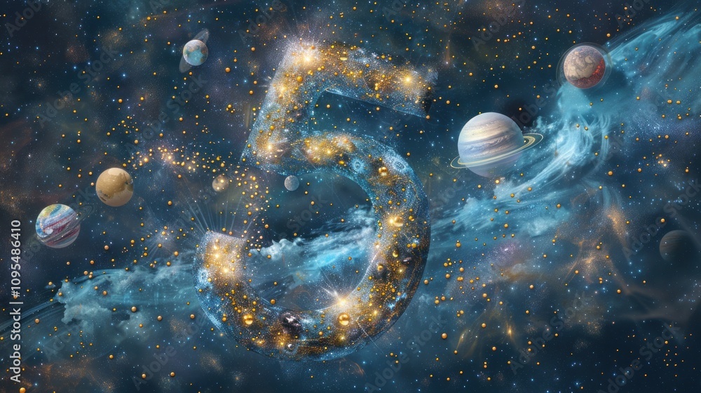 Fototapeta premium Glowing number 5 cosmic nebula space.