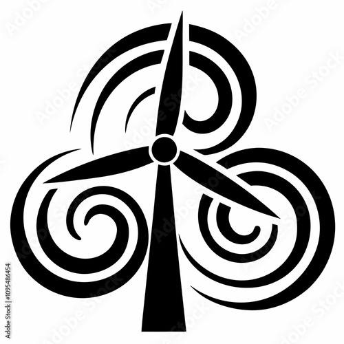 Wind energy abstract logo. Spiral turbine-like symbol with black bold curves, artistic design. Concept: green brand identity, eco energy company, abstract logo use.