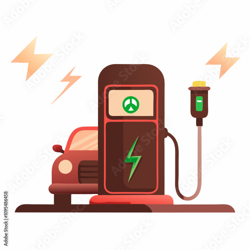 Electric car charging station. Flat vector with EV charger, cable, and lightning bolt. Concept: green transport apps, electric vehicle branding, mobility startup.