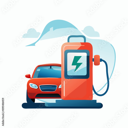Colorful illustration of electric fuel pump and red car at charging station in a modern landscape.