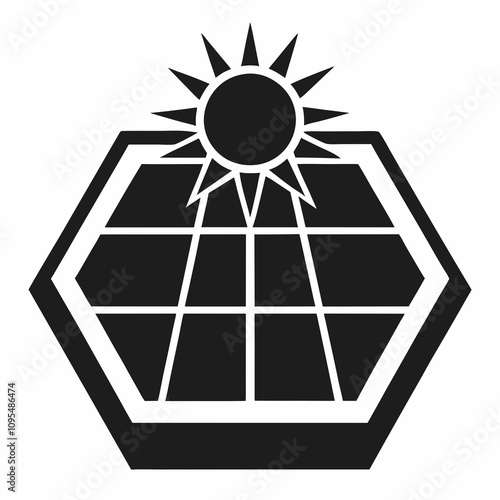 Black silhouette of solar energy logo with sun and solar panel in hexagonal shape.