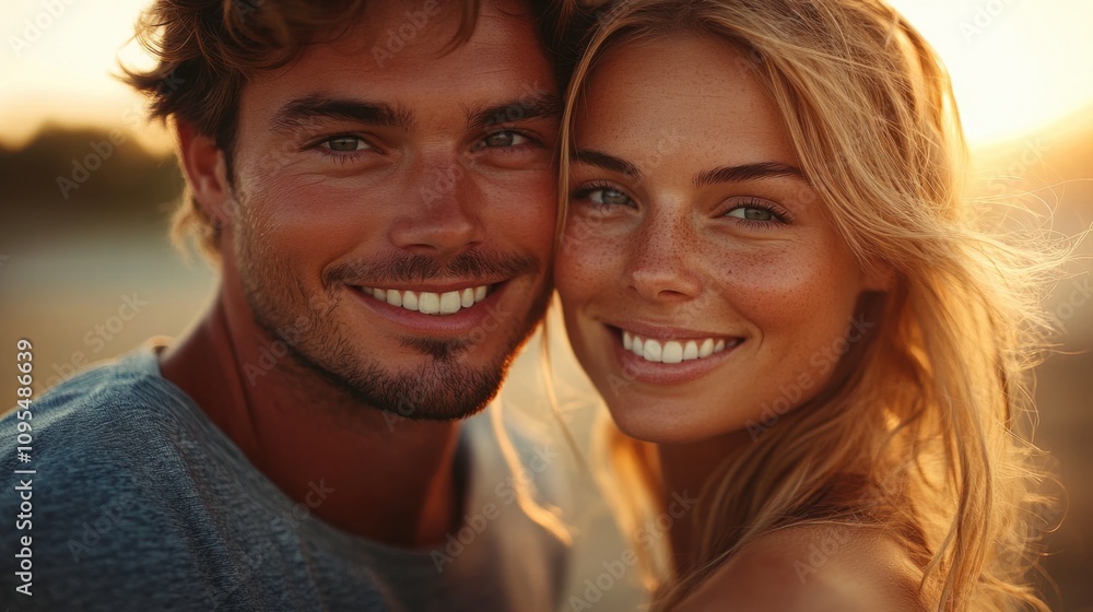 Smiling couple, warm golden light, ocean background, close-up faces, romantic, love, connection, happiness, young adults, summer evening Smiling couple, warm golden light, ocean background, close-up faces, romantic, love, connection, happiness, young adults, summer evening