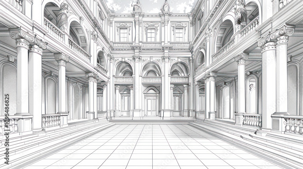 Naklejka premium Grand architectural courtyard, classical design, wireframe.