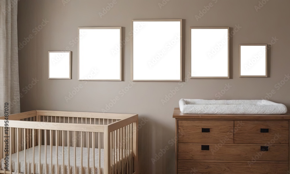 Fototapeta premium Warm nursery interior with beige walls, several blank frames, a wooden crib, a dresser with a changing pad, a floor lamp, and a rocking chair, styled with neutral tones and natural textures