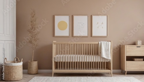 Bright and cozy nursery with neutral tones, a wooden crib, and soft furnishings