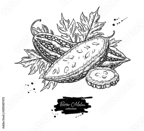 Bitter melon vector drawing. Hand drawn bitter gourd sketch. 