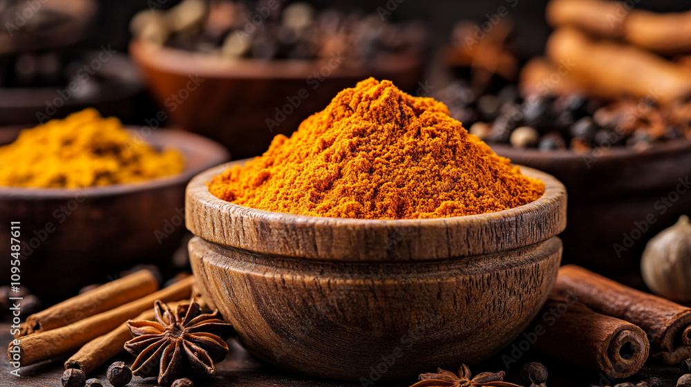 Aromatic Indian Spices Turmeric Cinnamon Star Anise Peppercorns in Wooden Bowls Aromatic Indian Spices Turmeric Cinnamon Star Anise Peppercorns in Wooden Bowls