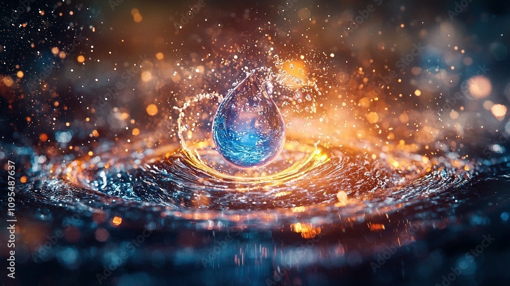 A close-up of a water droplet on a body of water with bright background lights A close-up of a water droplet on a body of water with bright background lights