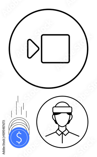 Play button symbol within a circle, person icon wearing a headband, and falling coins with dollar sign. Ideal for video production, monetization, user engagement, content creators, digital marketing