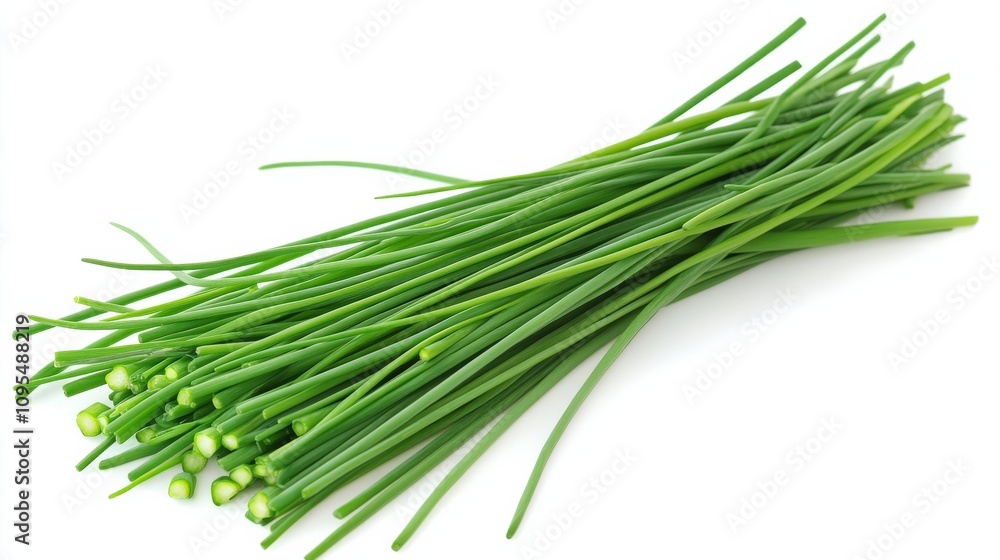 A bunch of fresh chives with their slender green stalks and onion-like flavor, Each strand's mild taste and culinary versatility captured with precision A bunch of fresh chives with their slender green stalks and onion-like flavor, Each strand's mild taste and culinary versatility captured with precision