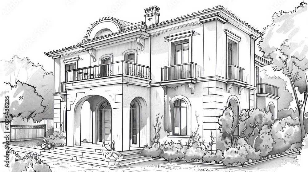 Architectural sketch of a two-story Mediterranean-style house with balcony, arched entryway, and landscaping. Architectural sketch of a two-story Mediterranean-style house with balcony, arched entryway, and landscaping.