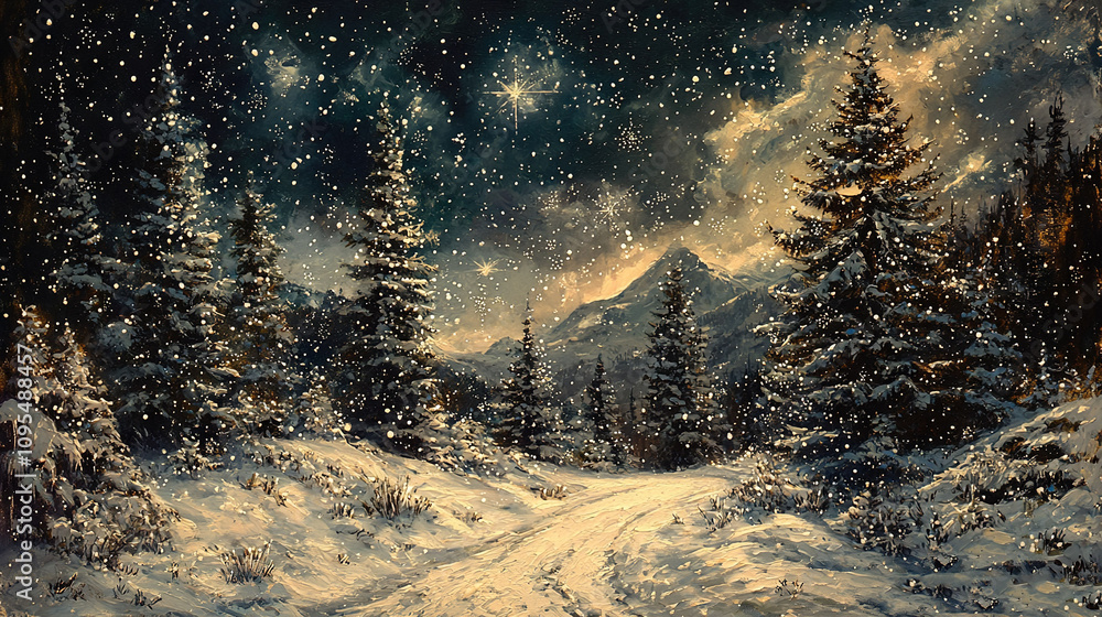 Snowy road painting with pines in foreground, starry night sky in background Snowy road painting with pines in foreground, starry night sky in background