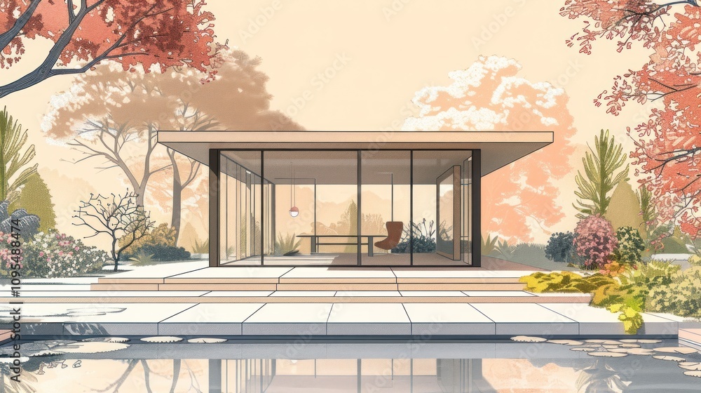 Modern glass pavilion in autumn garden. Modern glass pavilion in autumn garden.