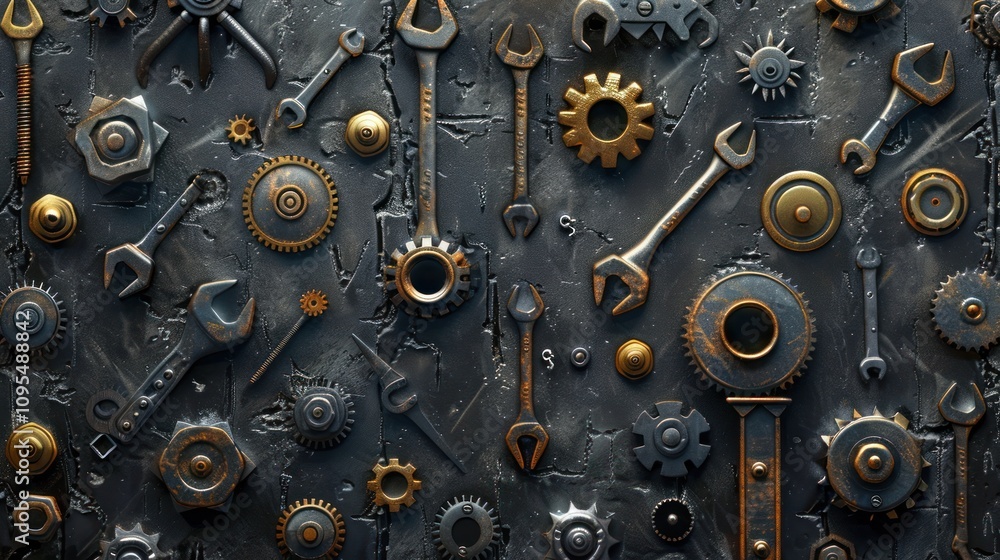 Dark metallic background with tools and gears. Dark metallic background with tools and gears.