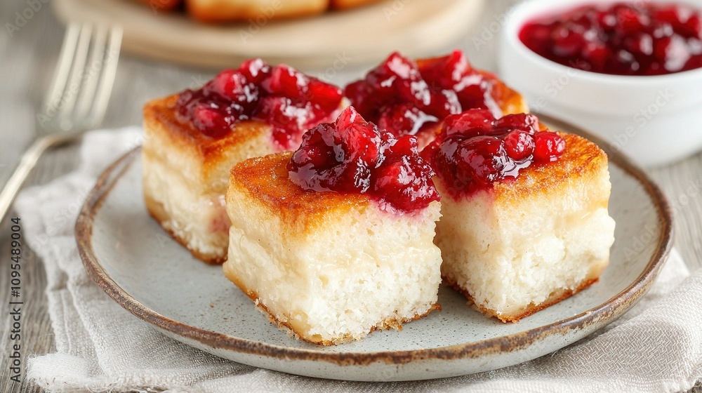 Two slices of cheesecake with cranberry sauce on a platter alongside a bowl of cranberry sauce Two slices of cheesecake with cranberry sauce on a platter alongside a bowl of cranberry sauce