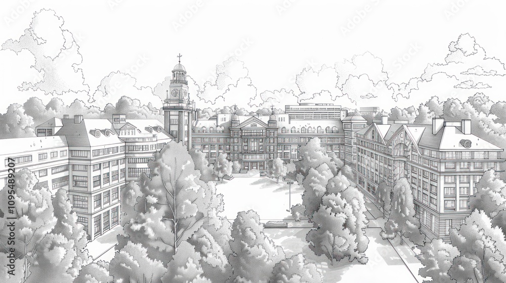 Obraz premium Architectural rendering of a classic campus with buildings, trees, and a central courtyard.