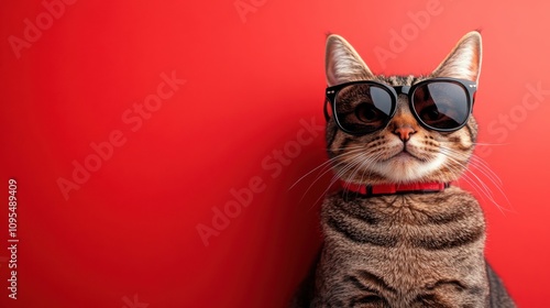 Cool cat wearing sunglasses with red background, stylish pet with attitude, fashionable animal portrait, feline personality, trendy accessory, cat in sunglasses, red collar photo