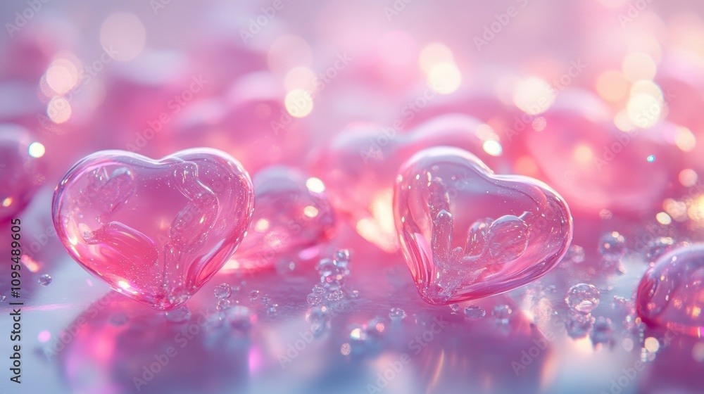 Semi-transparent jelly hearts in soft pink hues, scattered across a glossy surface with glowing sparkles and particles. A dreamy and delicate arrangement with a romantic atmosphere. Semi-transparent jelly hearts in soft pink hues, scattered across a glossy surface with glowing sparkles and particles. A dreamy and delicate arrangement with a romantic atmosphere.