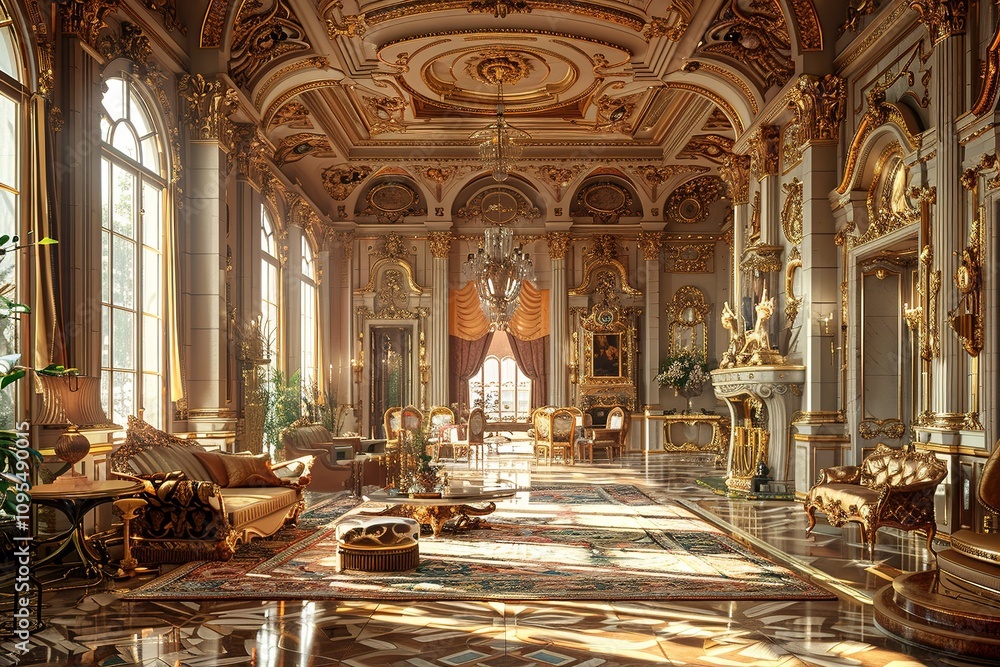 Fototapeta premium Renaissance Palace Parlor with opulent furnishings, gilded accents, frescoed ceilings, and a regal, Renaissance-inspired ambiance. Renaissance palace home decor.