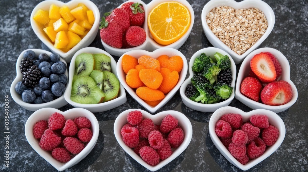 Heart-Shaped Bowls of Healthy Foods: A Colorful Collection of Fruits, Berries, and Vegetables Heart-Shaped Bowls of Healthy Foods: A Colorful Collection of Fruits, Berries, and Vegetables