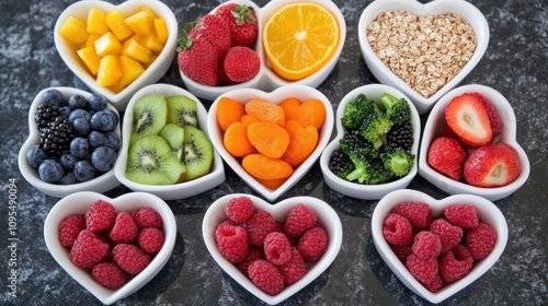 Heart-Shaped Bowls of Healthy Foods: A Colorful Collection of Fruits, Berries, and Vegetables