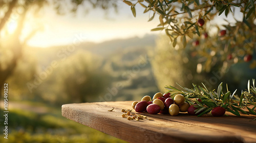   A wooden table holds a collection of olives, with some scattered on top of it and others neatly organized on the side