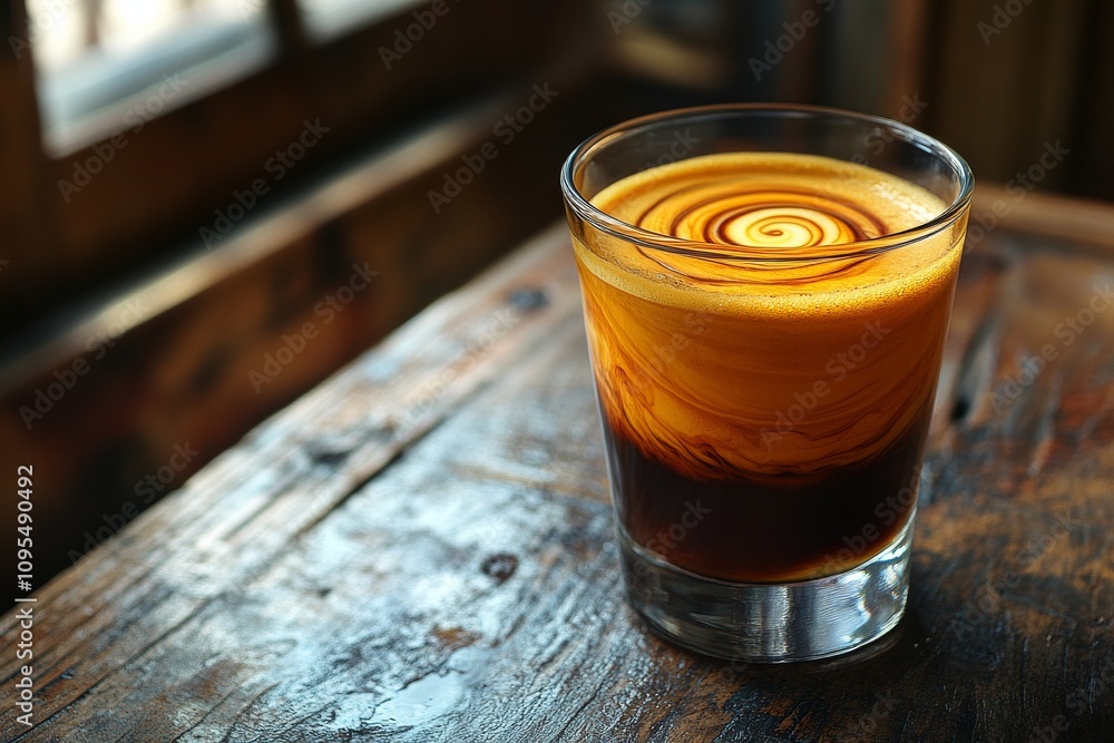 A glass of Carajillo coffee cocktail on a rustic wooden table. Generative AI A glass of Carajillo coffee cocktail on a rustic wooden table. Generative AI