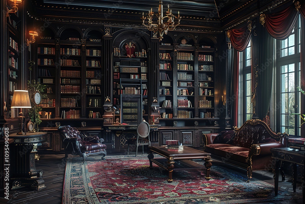 Victorian Gothic-inspired home library with dark wood paneling and plush furnishings Victorian Gothic-inspired home library with dark wood paneling and plush furnishings