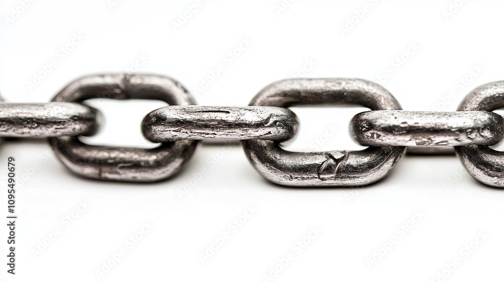 Fototapeta premium Close-up of a metallic chain link, showcasing its texture and shine against a white background.