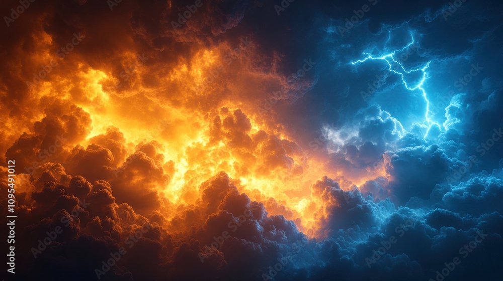 Explosive stormy sky, dark clouds and orange lightning, dramatic clash of stormy colors, intense weather scene, epic sky with thunder and vibrant contrast Explosive stormy sky, dark clouds and orange lightning, dramatic clash of stormy colors, intense weather scene, epic sky with thunder and vibrant contrast